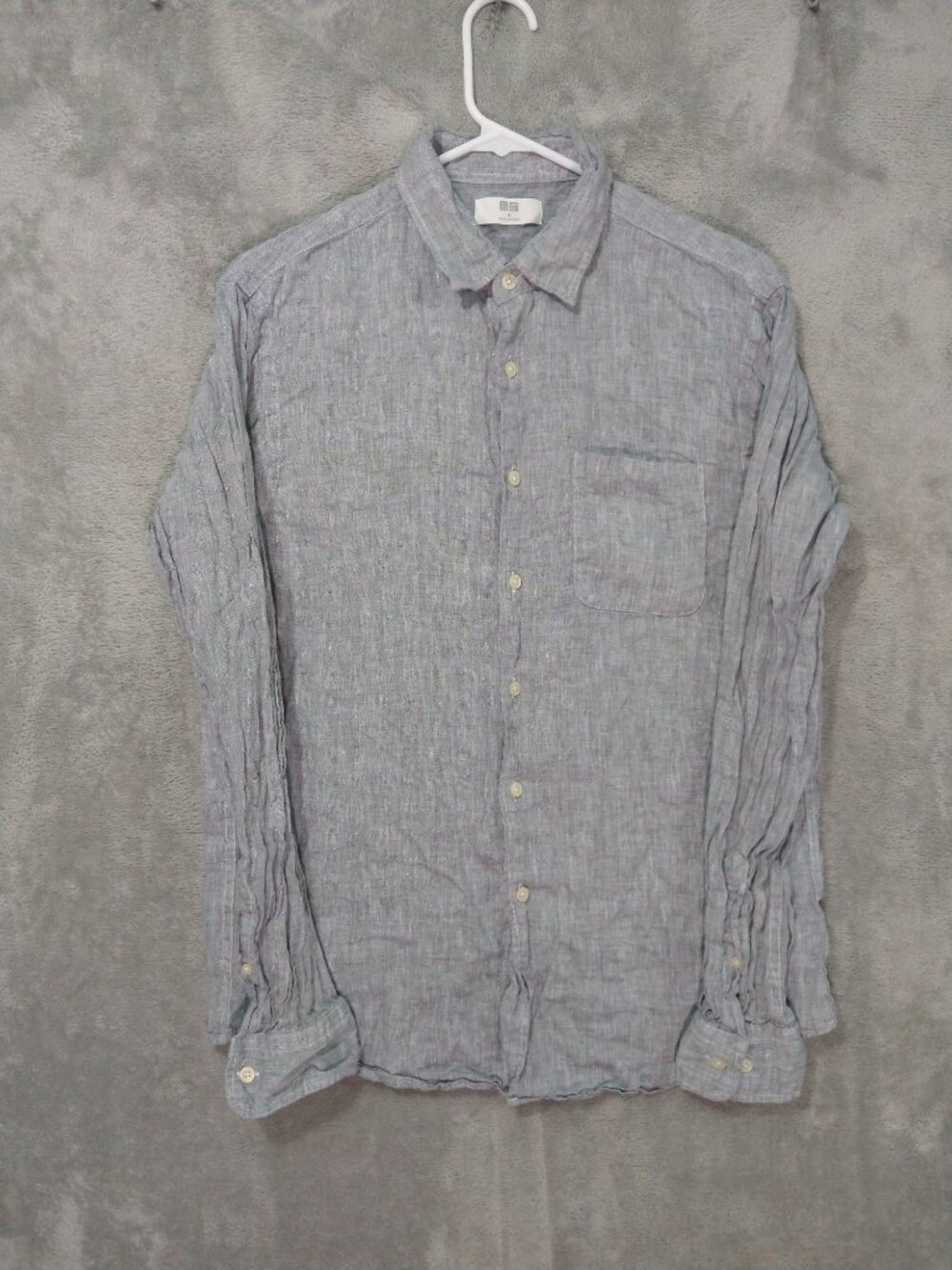 Uniqlo Shirt Mens Medium Gray Linen Long Sleeve Button Up Casual Preppy